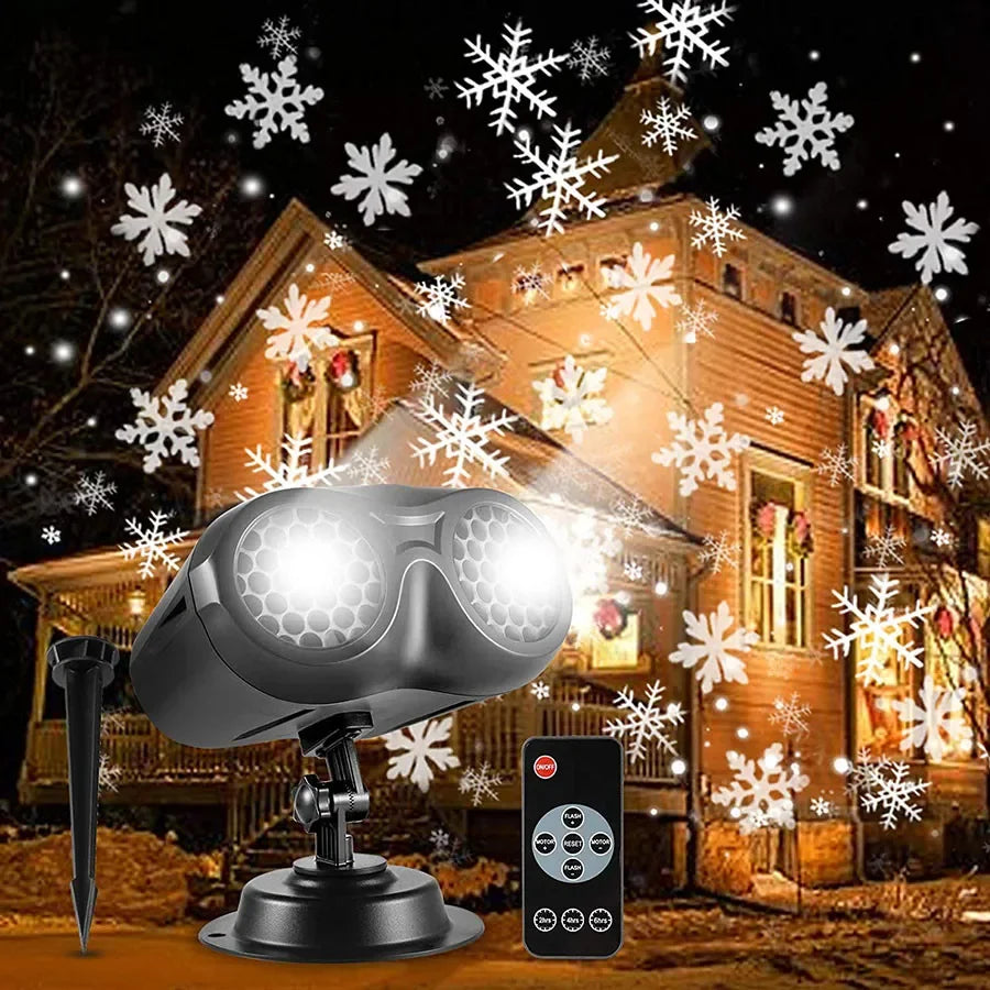 Christmas Snowfall Projector Light Updated Double-tube Snowflake Projector Lamp Outdoor Holiday Rotating Falling Snow Spotlight