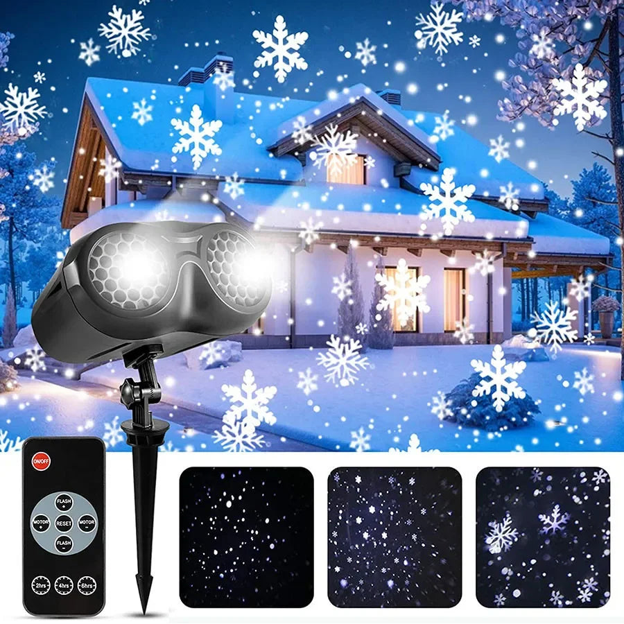 Christmas Snowfall Projector Light Updated Double-tube Snowflake Projector Lamp Outdoor Holiday Rotating Falling Snow Spotlight